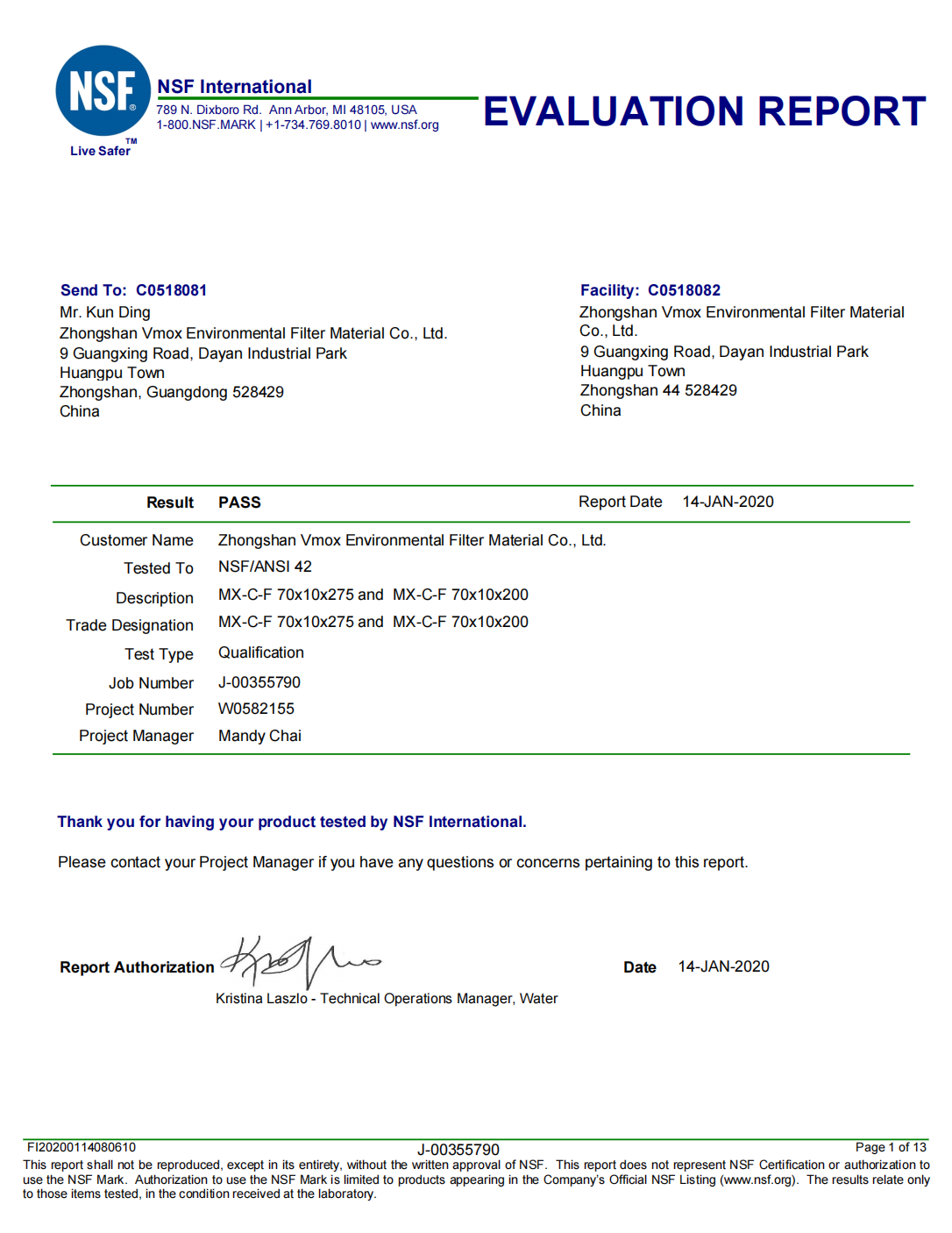 NSF 42 Evaluation Report